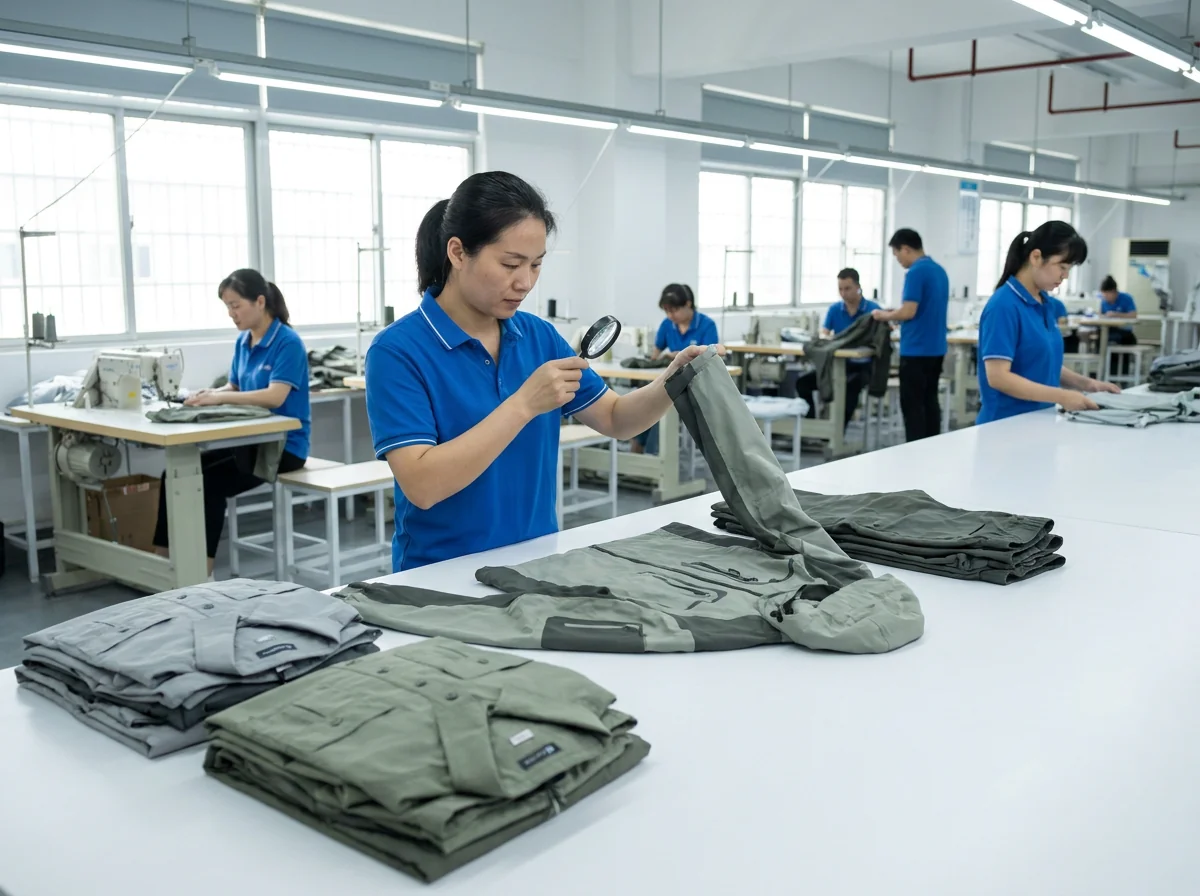 CustomFishingWear quality inspector checking a finished fishing apparel batch