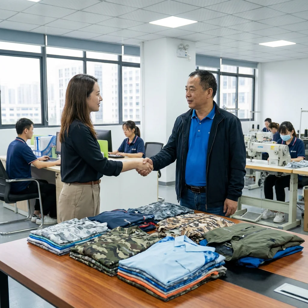 Manufacturing partnership handshake between CustomFishingWear and a brand partner