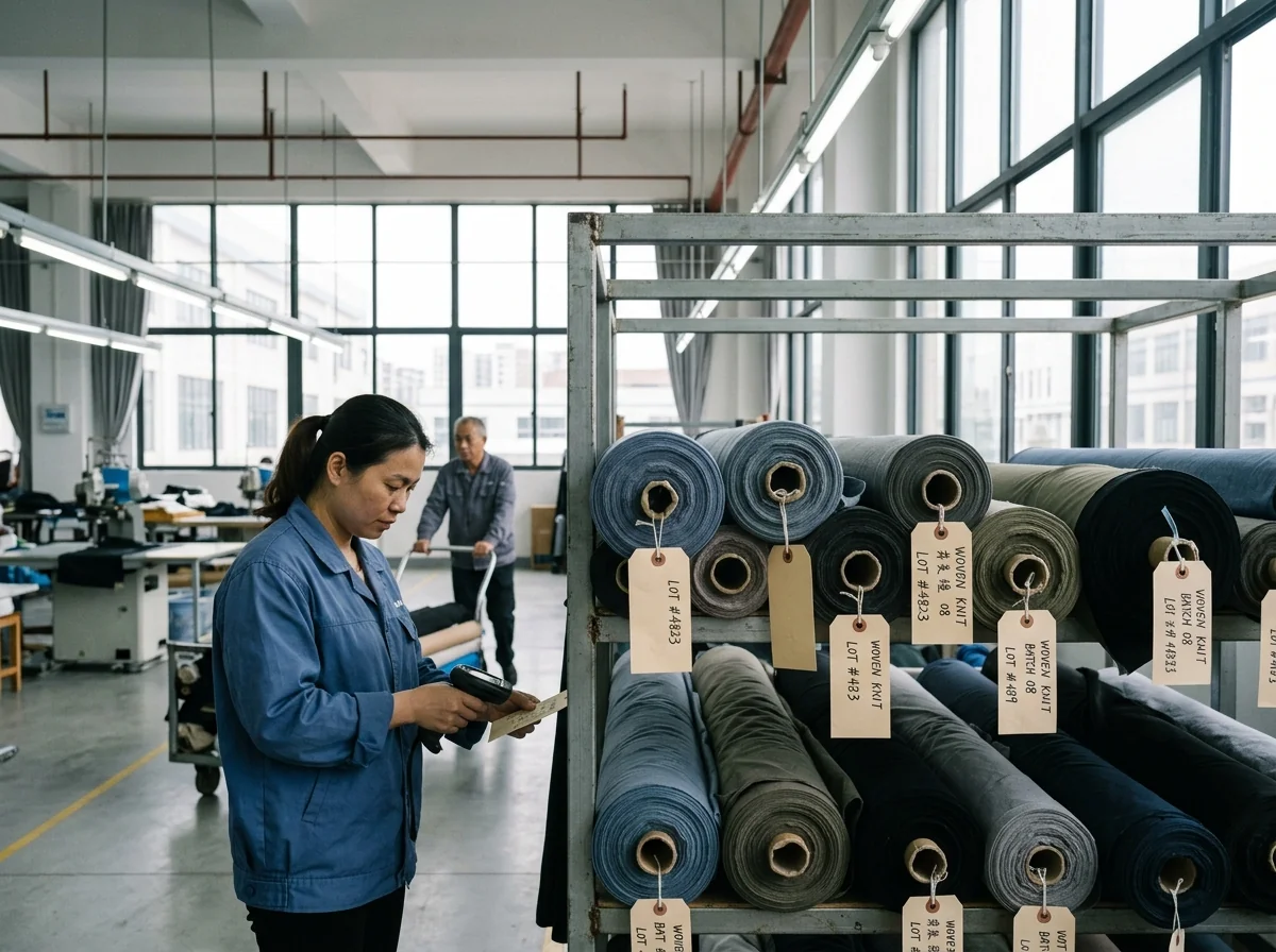 Racked performance fabric rolls tagged by lot in the warehouse