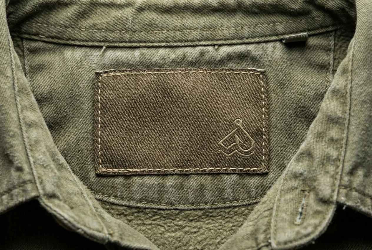 Woven private-label brand tag sewn into a fishing garment