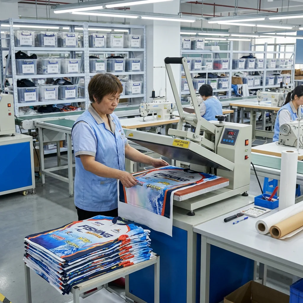 In-house garment printing station customizing fishing apparel