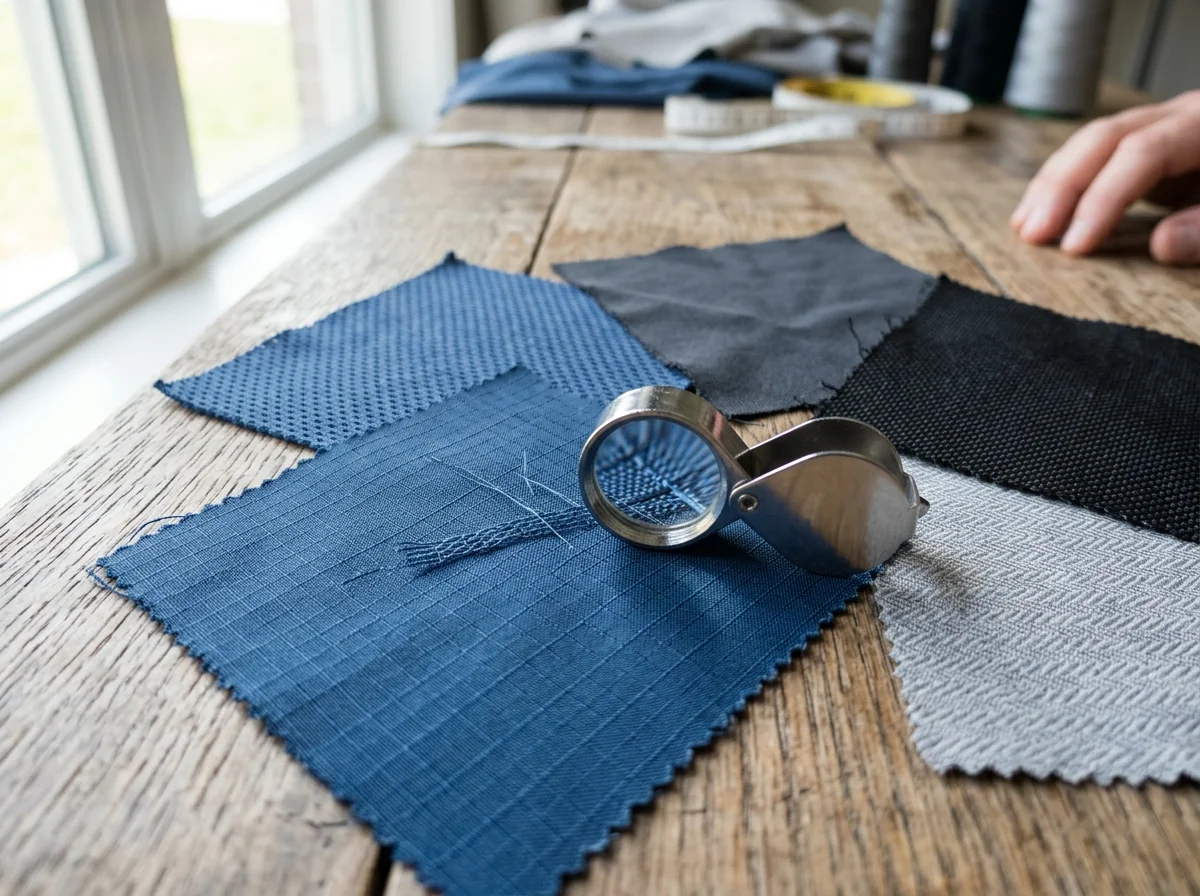 Performance fishing apparel fabric family and swatches on the selection table