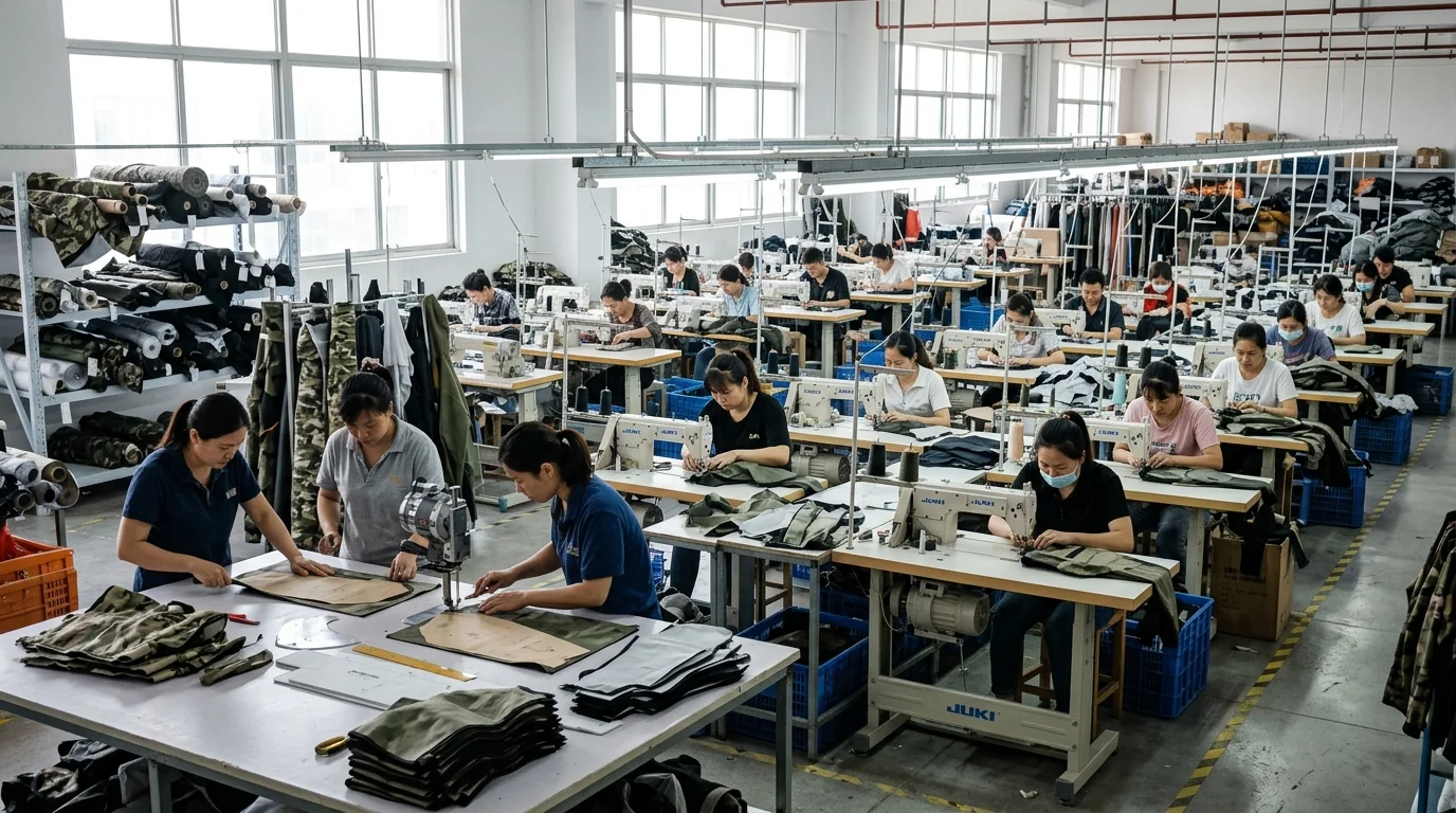 Fishing apparel factory floor with cutting and sewing production lines