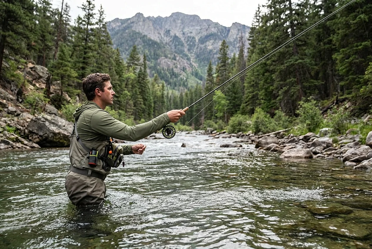 Angler in performance fishing apparel casting on a mountain river
