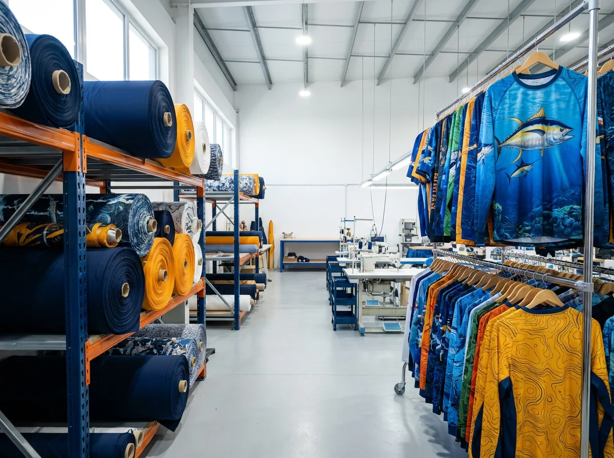 Custom fishing apparel fabric rolls and printed jerseys on factory floor