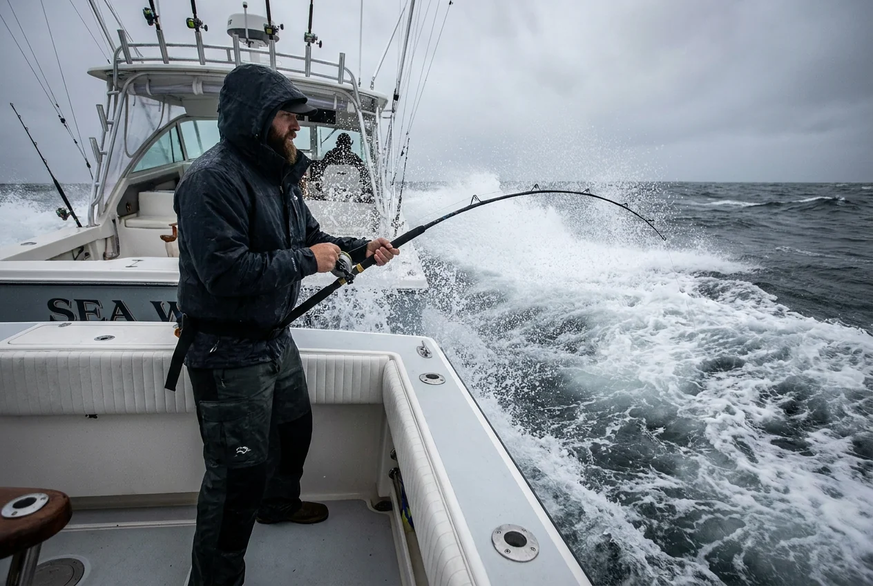 Offshore fishing boat in wind and spray