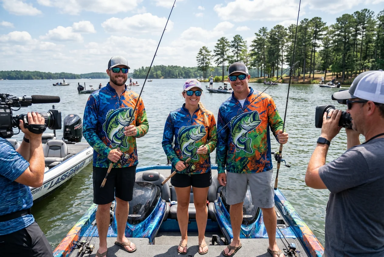 Tournament fishing team jerseys on camera