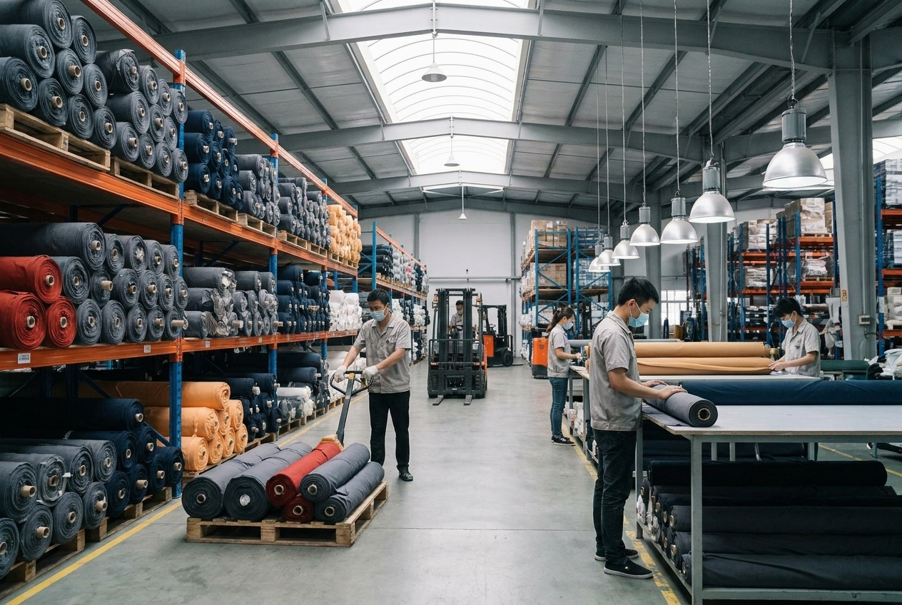 Fabric warehouse with organized rolls