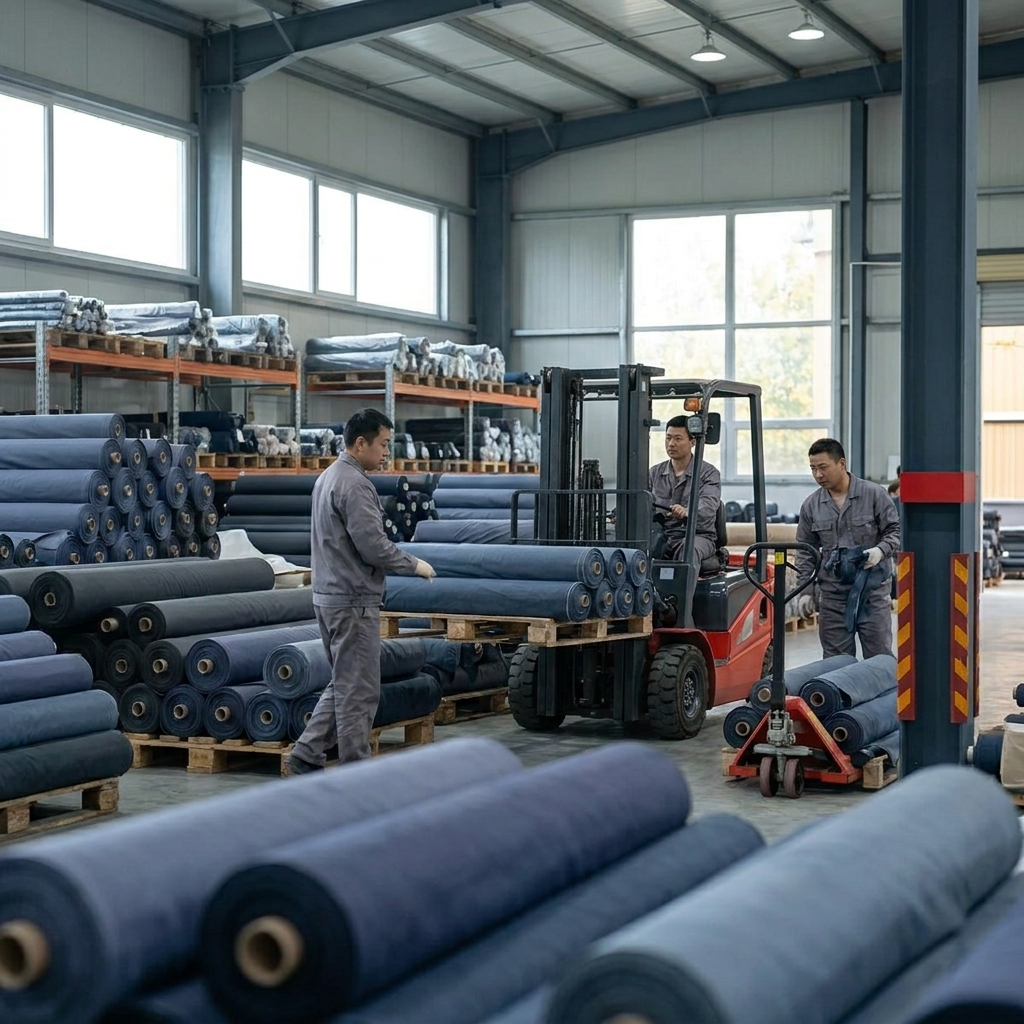 Fabric rolls in material warehouse