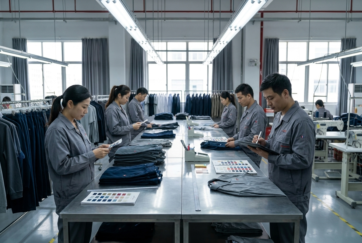 QC inspection area with inspectors checking finished garments