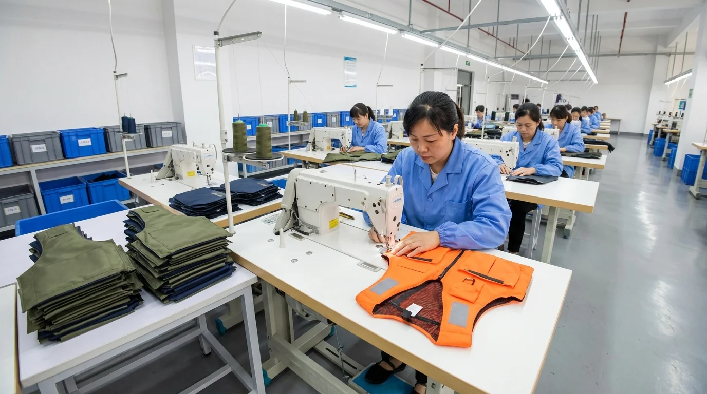 Dedicated fishing apparel sewing line in production
