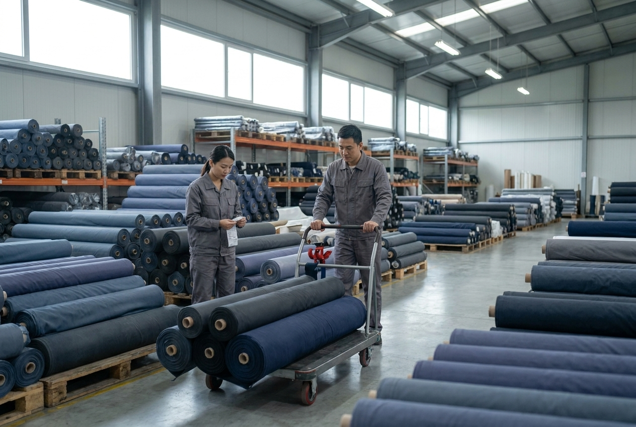 Performance fabric rolls in our textile warehouse
