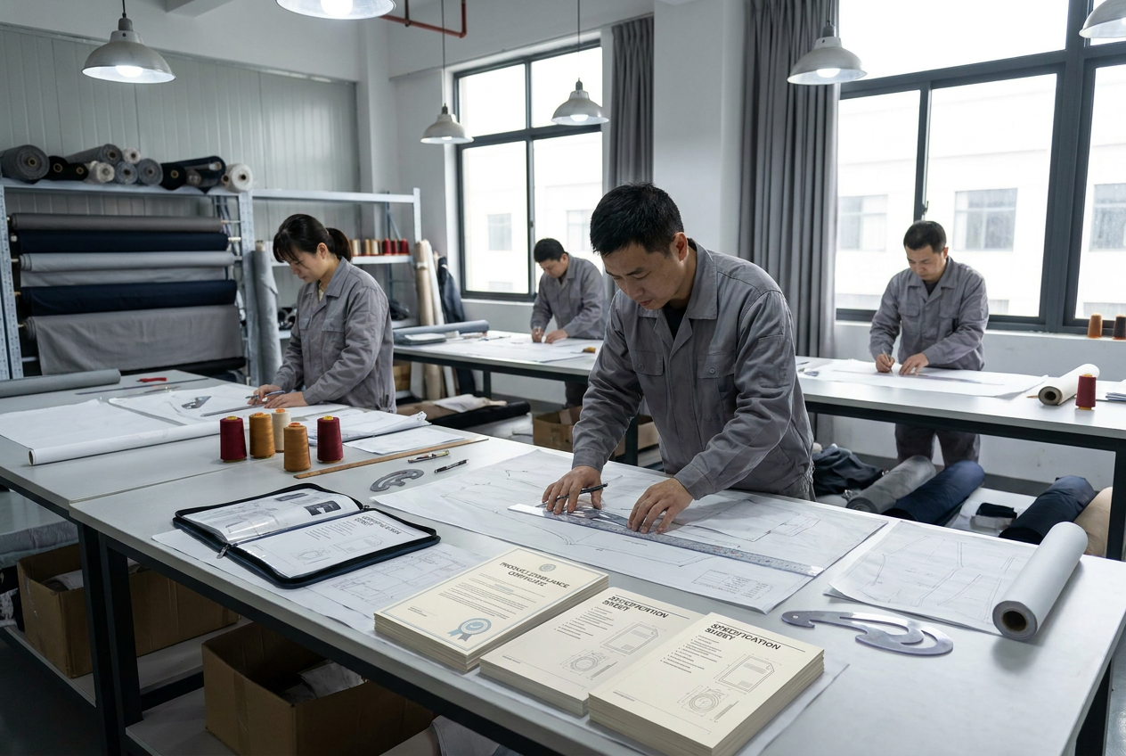Buyer reviewing a fishing apparel sample with approval form