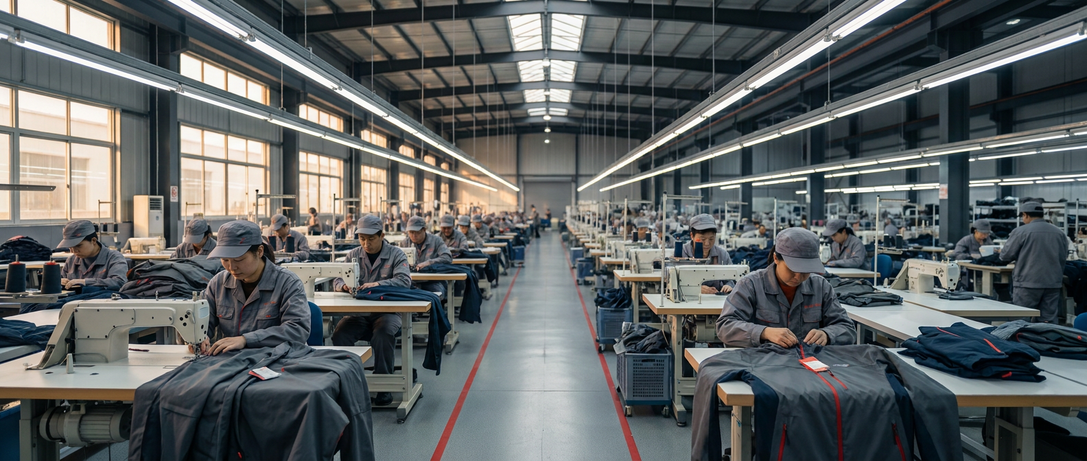 Wide view of our fishing apparel production line in progress