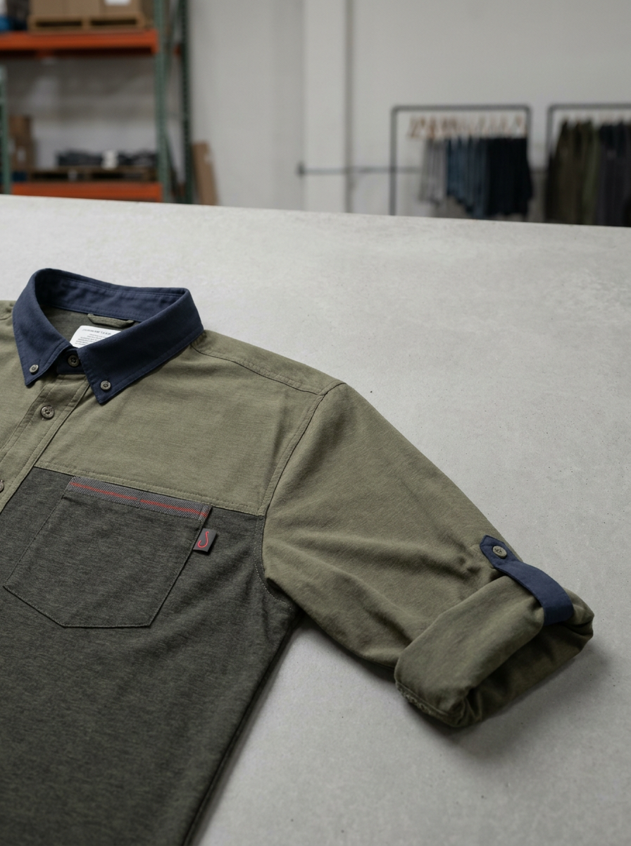 Custom fishing shirt customization detail — collars, sleeves, pockets, branding placement