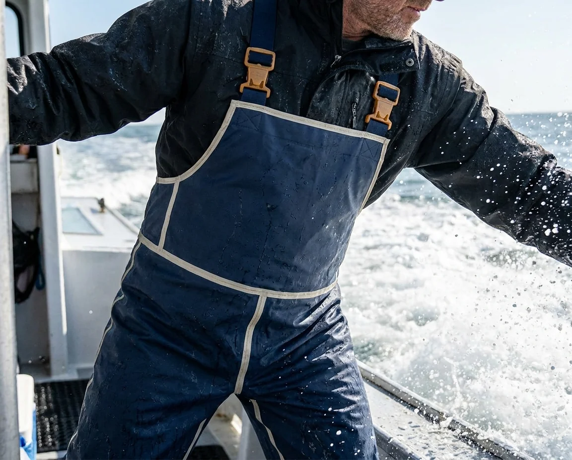 Waterproof fishing bibs for offshore boat anglers with sealed seams