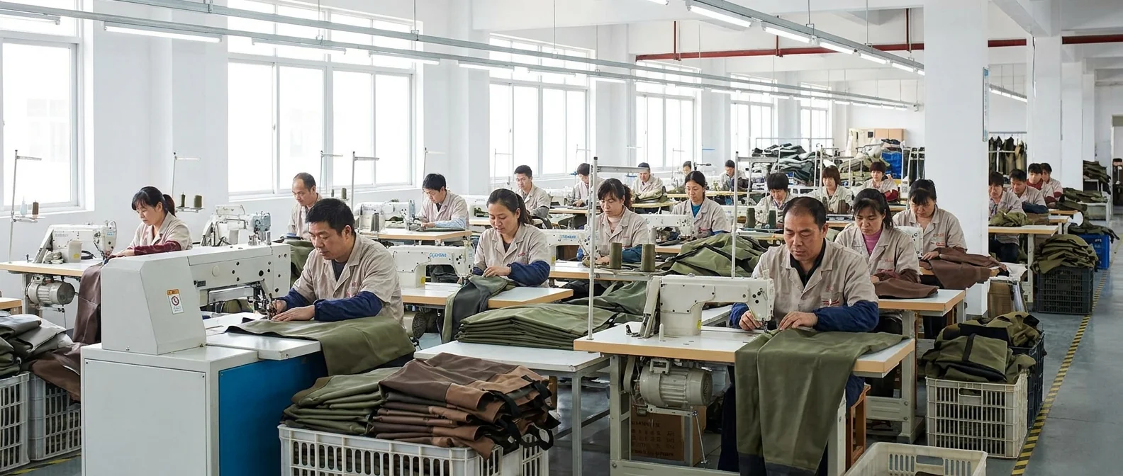 Waterproof apparel manufacturing factory floor with bib and wader production lines