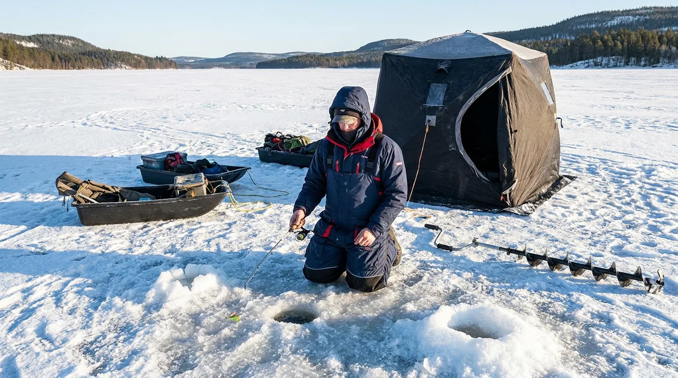 Ice fishing winter scene with insulated bibs and waders