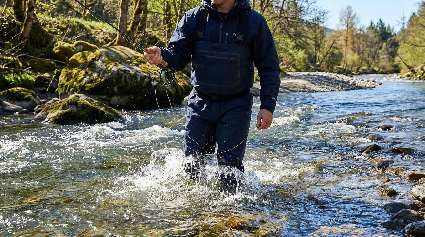 River wading scene with fast current and rocky riverbed