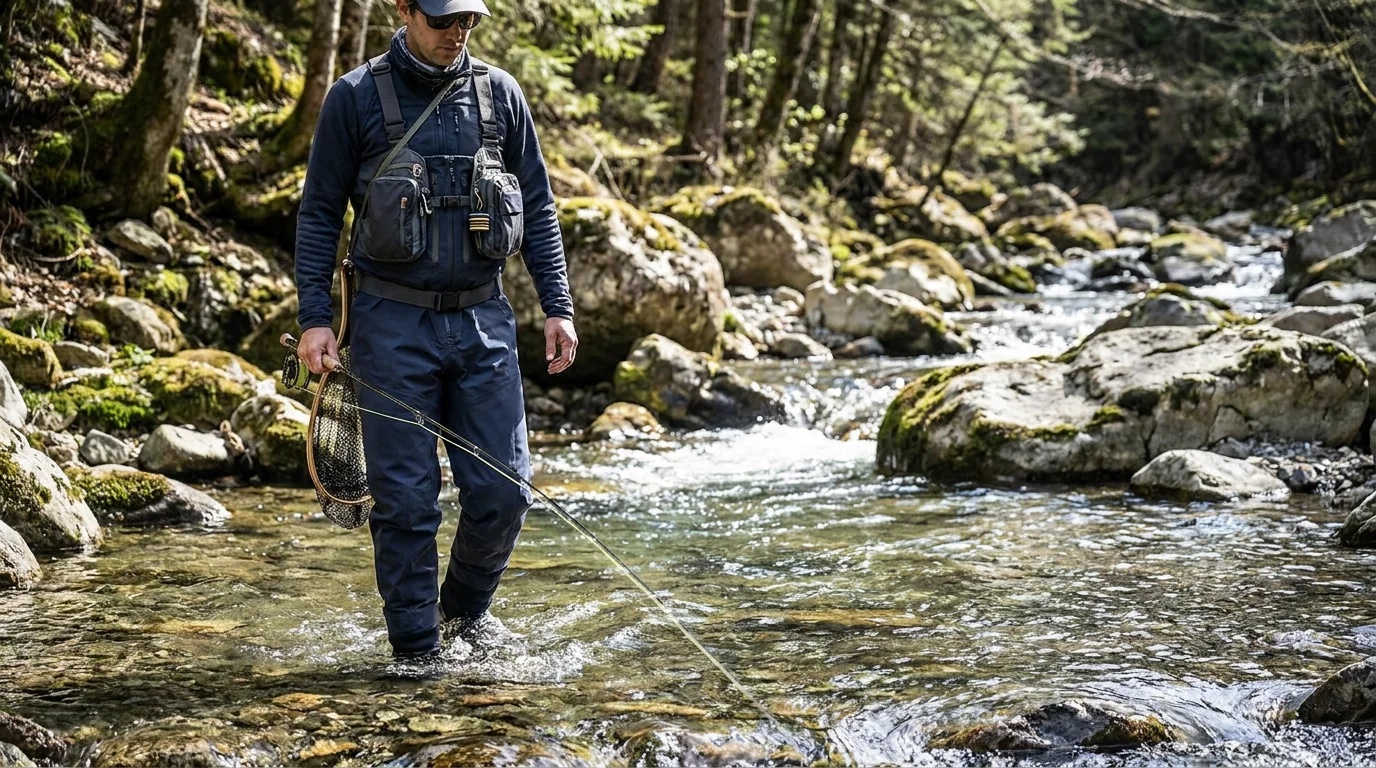 Stream fishing scene with technical water and shallow rocky run