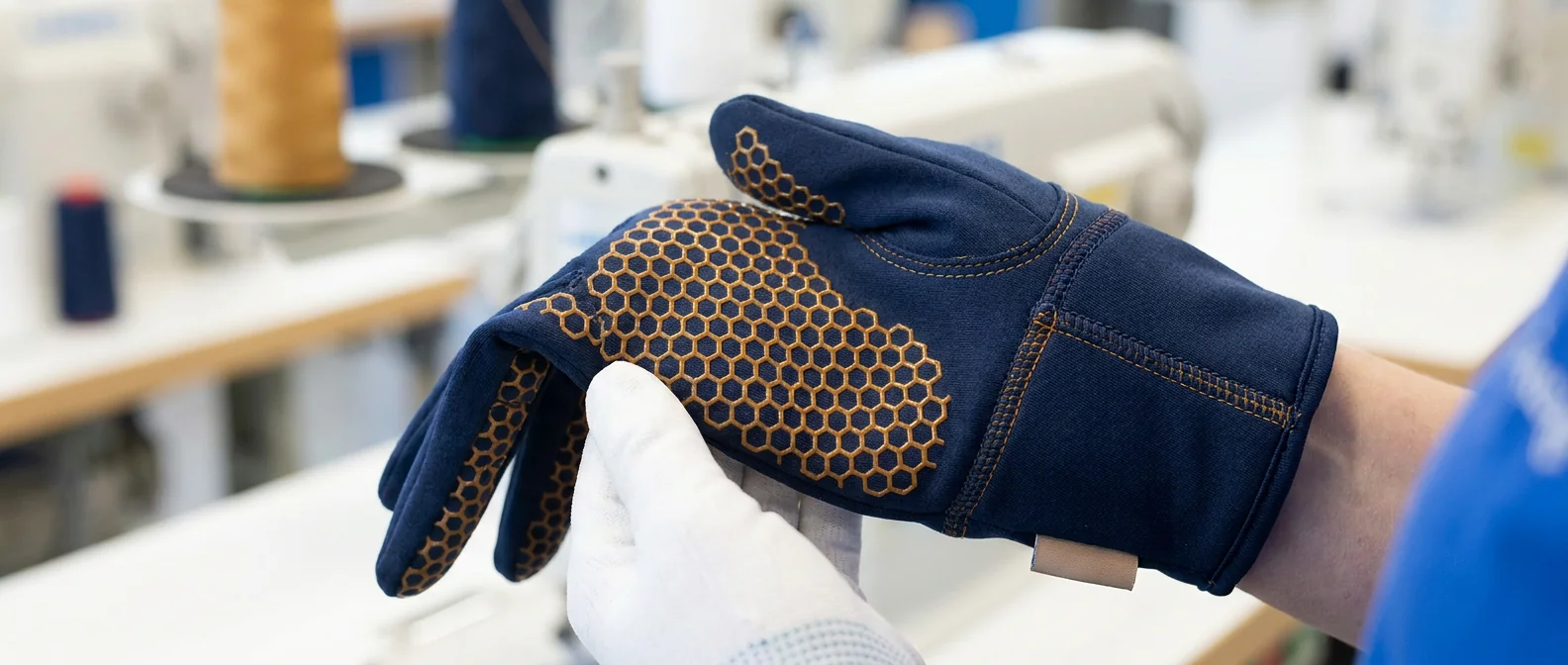 Close-up of custom fishing glove manufacturing showing palm grip print and stitching