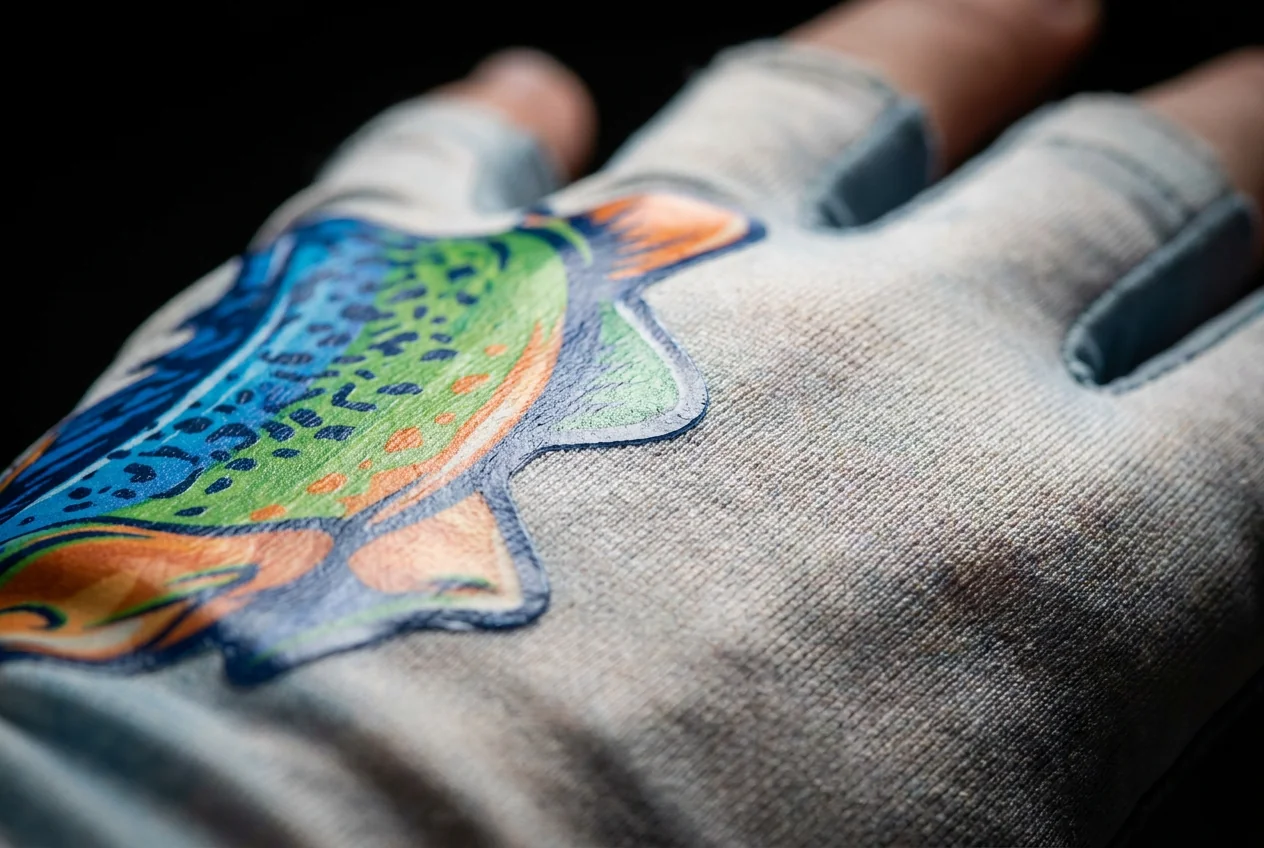 Heat-transfer logo application on custom fishing glove