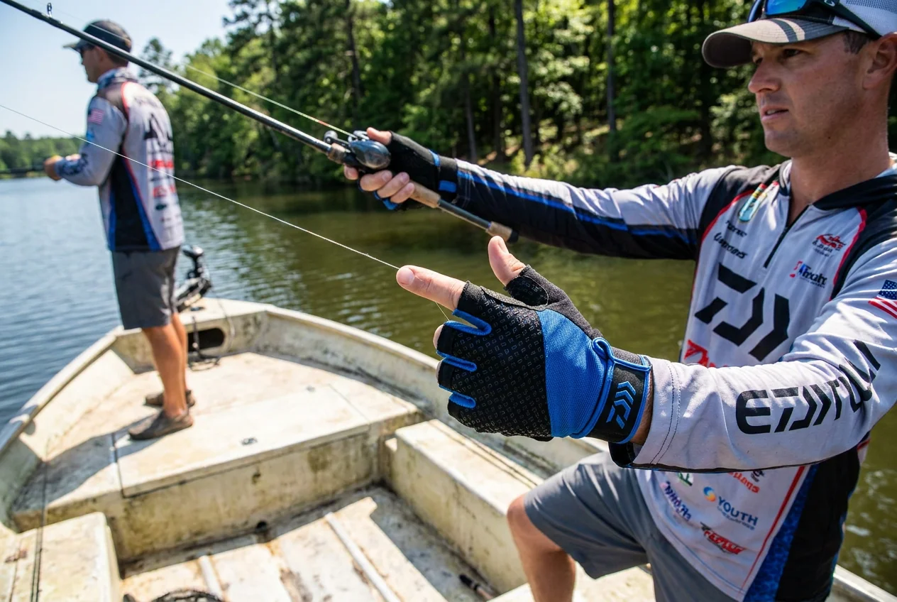 Bass angler casting with custom fingerless fishing gloves