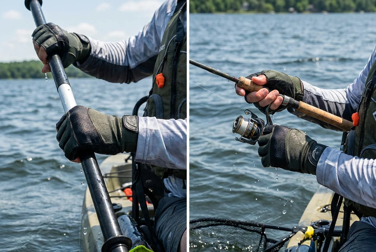 Kayak angler with custom paddle-grip fishing gloves
