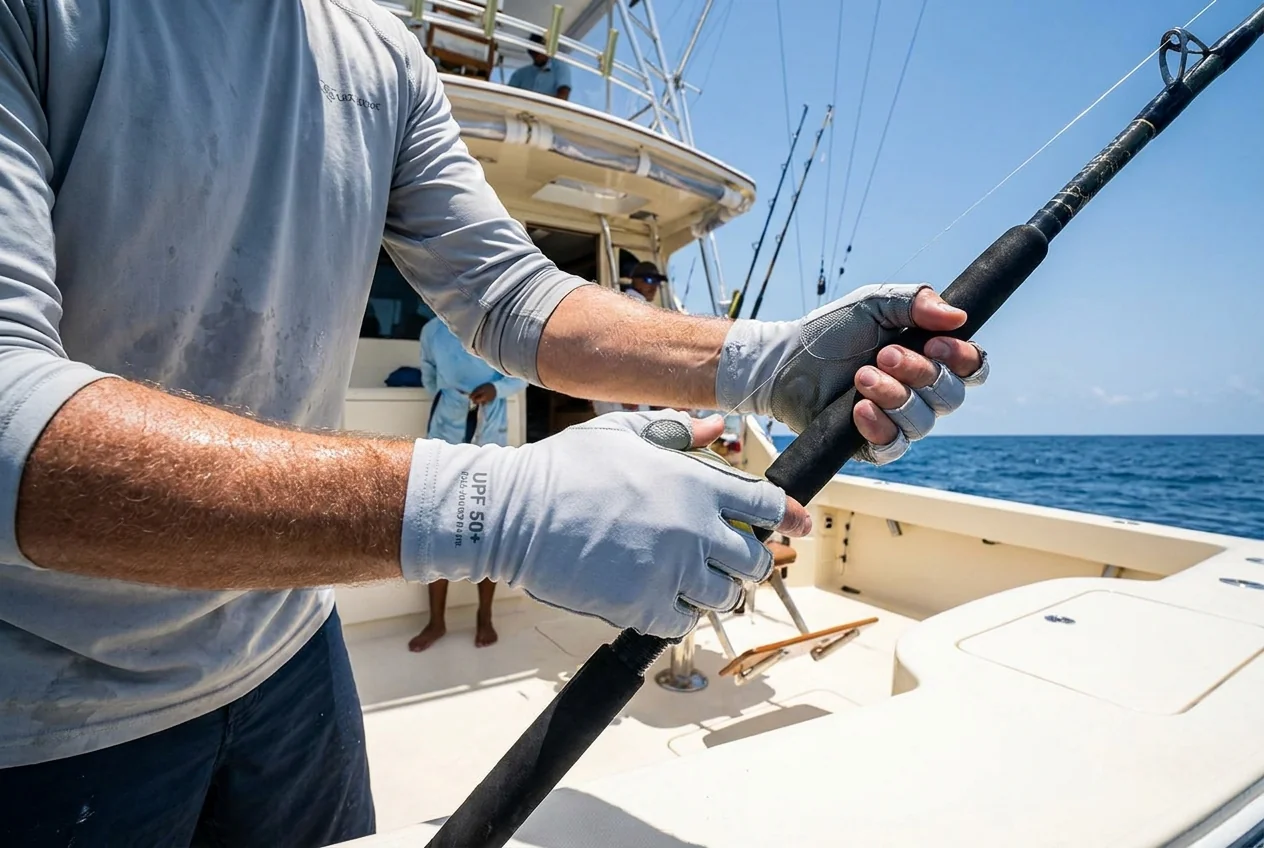 Offshore angler with UPF 50+ sun gloves on the open water