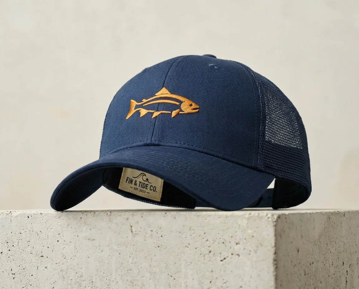 Custom fishing hat showing embroidered logo, Pantone-matched crown panels, and branded inside label
