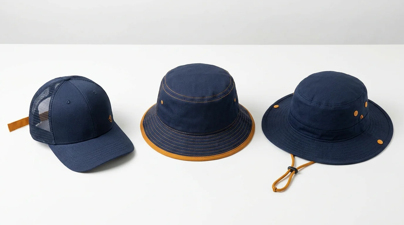 Three custom fishing hat styles laid out for a small-batch market-test program