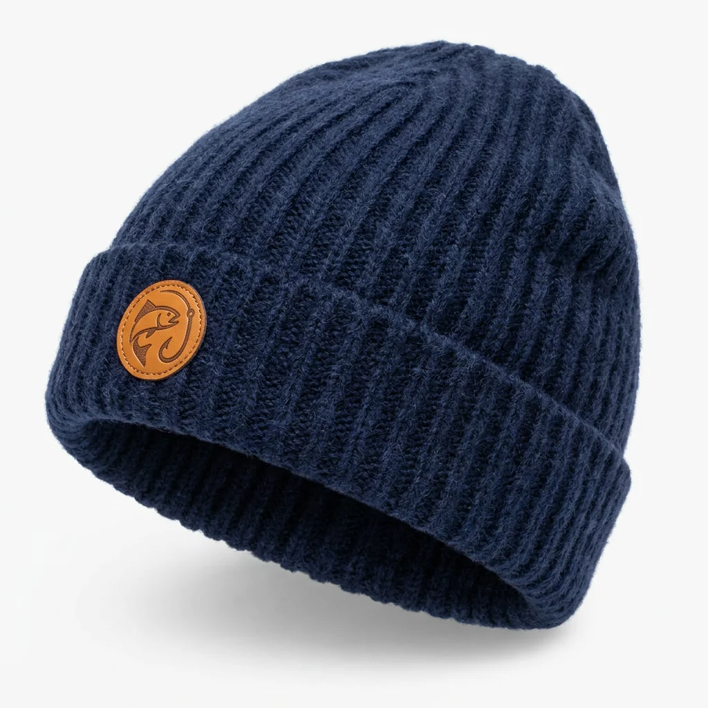 Custom fishing beanie knit hat with embroidered logo for cold weather
