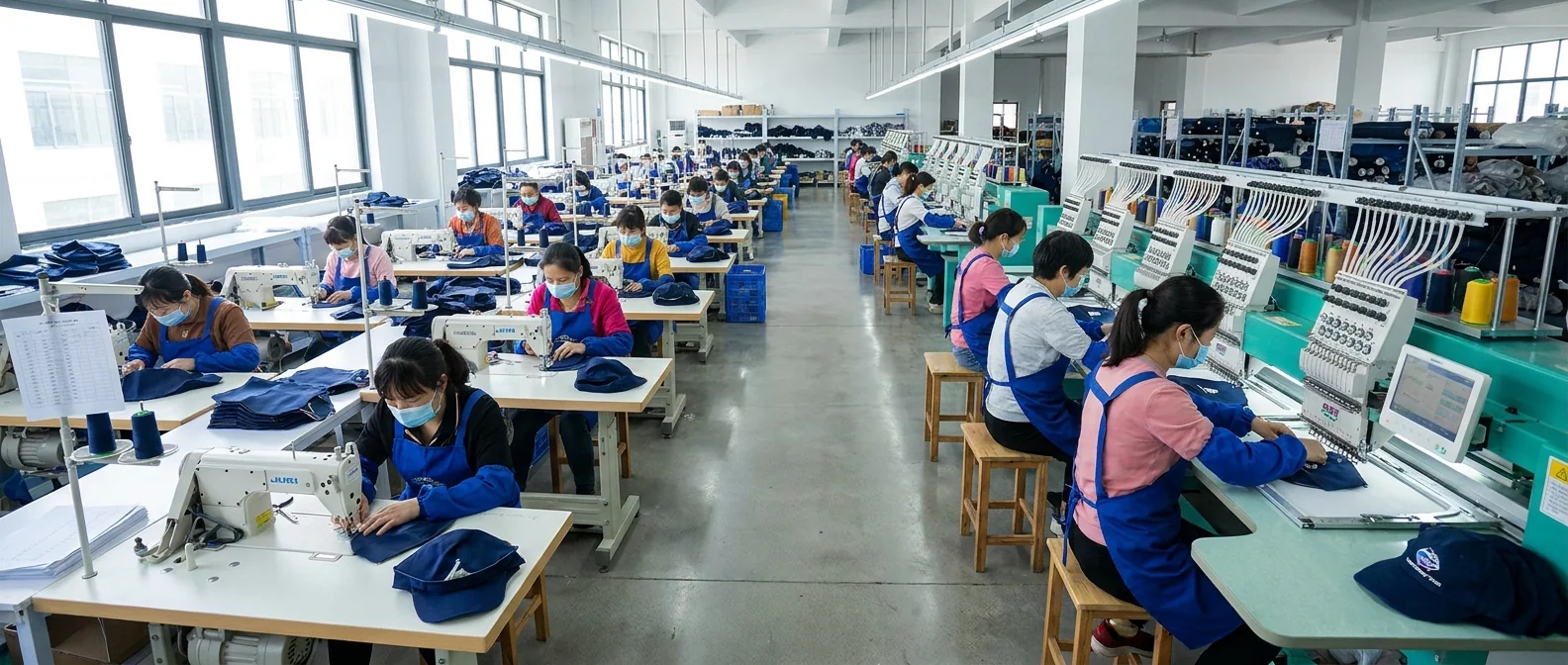 Custom fishing hat production line with cut-and-sew operators assembling crown panels and brims