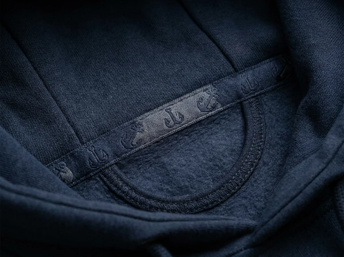 Custom branded neck tape inside the hood of a fishing hoodie