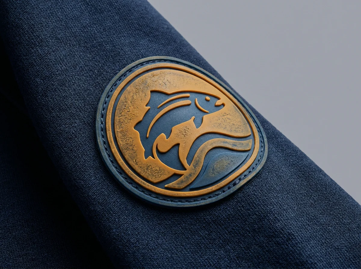 Three-dimensional molded rubber patch on a fishing hoodie sleeve