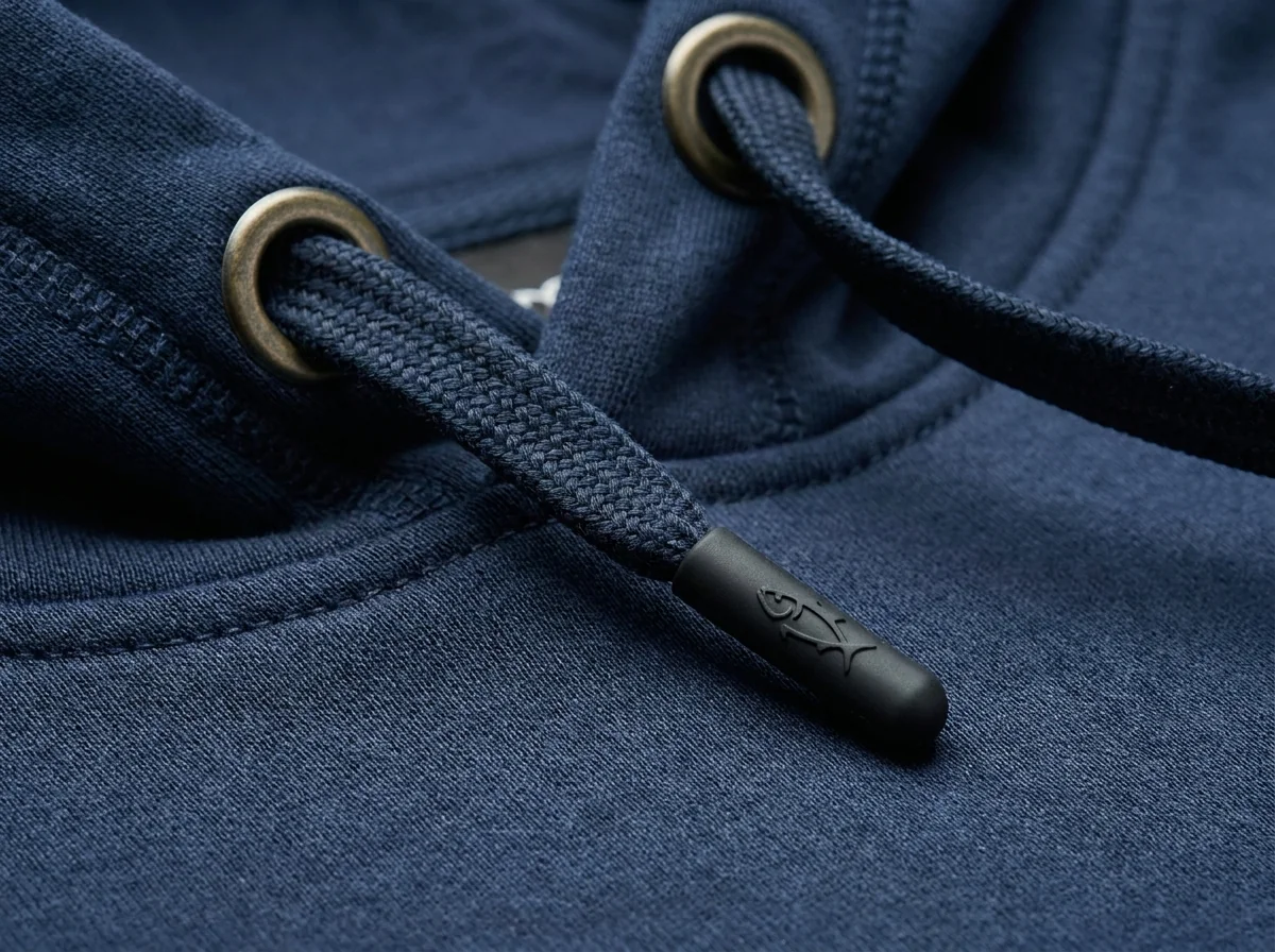 Adjustable drawcord with branded silicone tip on a hoodie hood