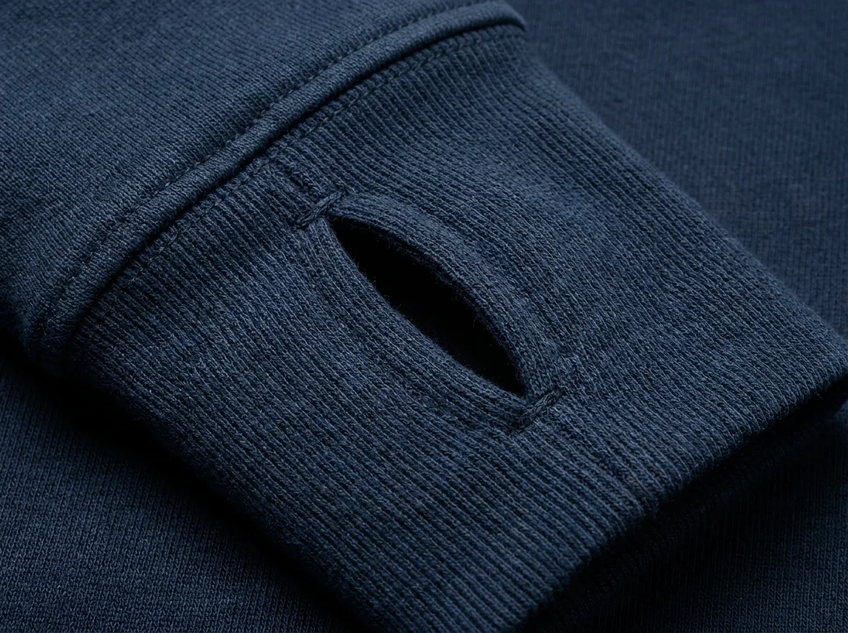 Macro close-up of a thumb hole cuff on a custom fishing hoodie