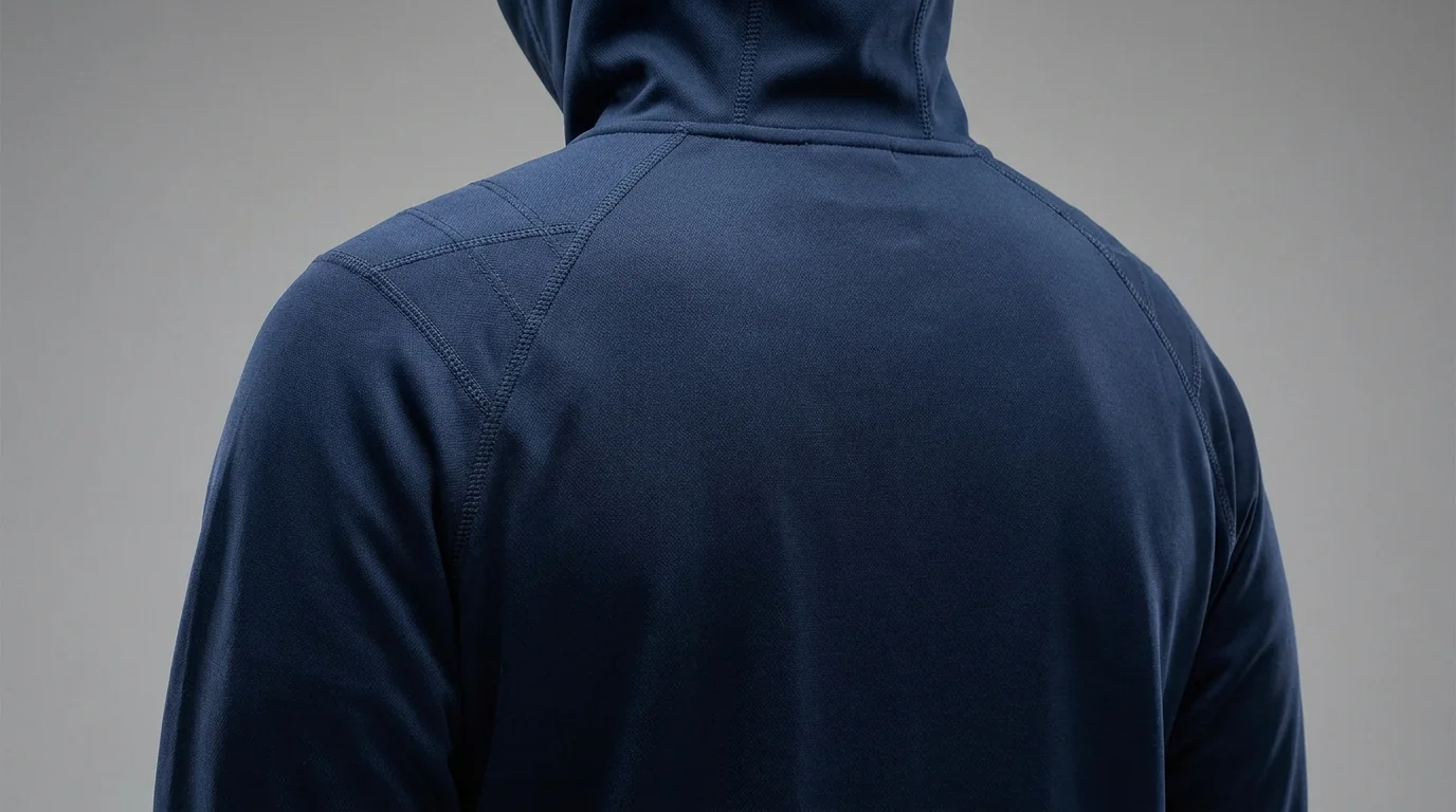 Back view of a custom fishing hoodie showing raglan sleeve seam construction