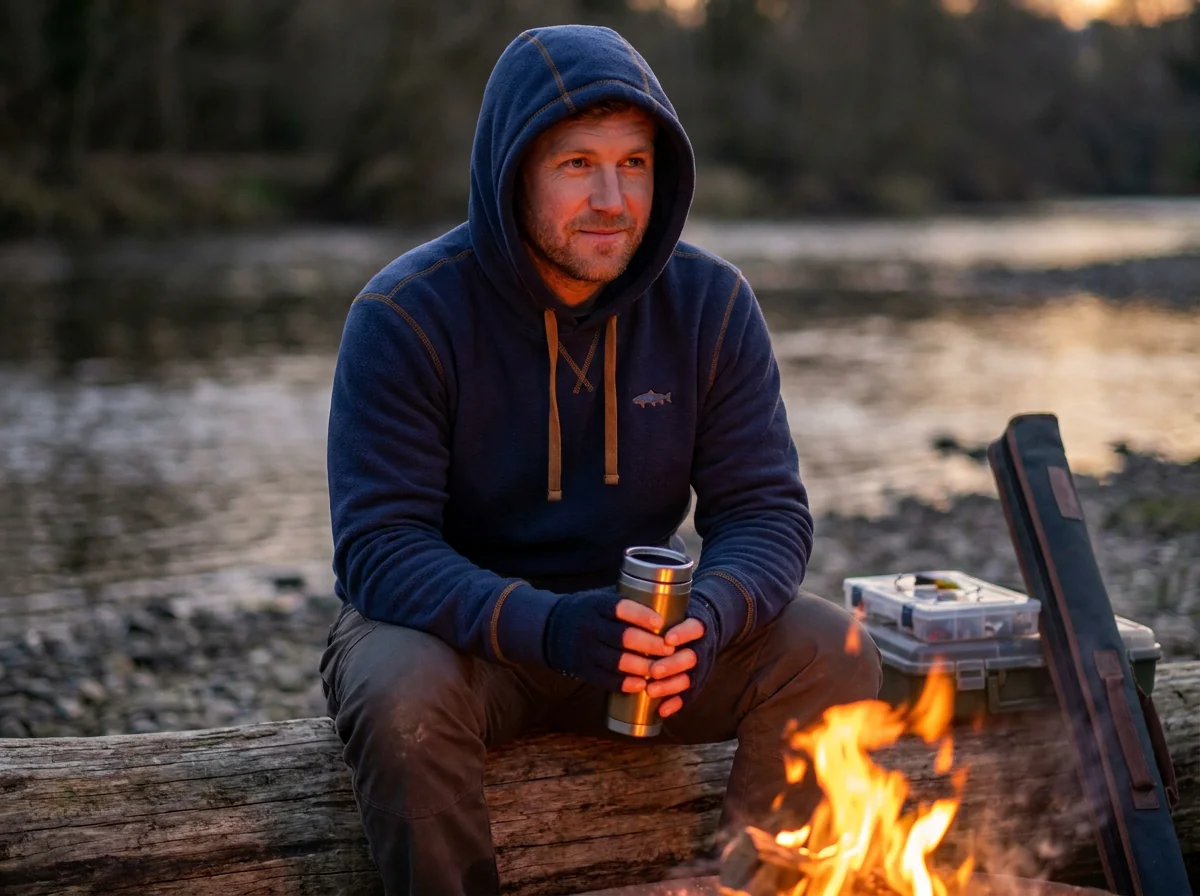Fleece fishing hoodie worn around an evening campfire