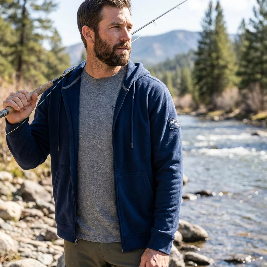 Full zip hoodie worn open over a shirt for outdoor layering