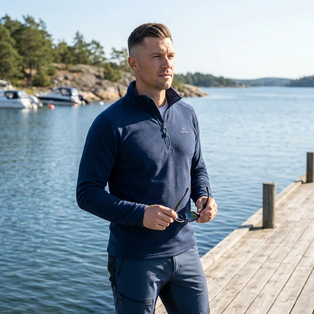 Quarter-zip sweatshirt with clean aesthetic on a dock
