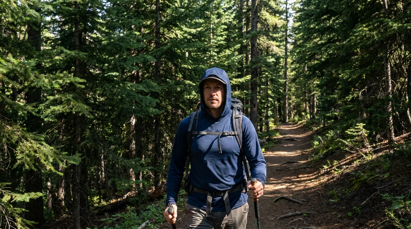 Hoodie worn on a forest trail in outdoor lifestyle context