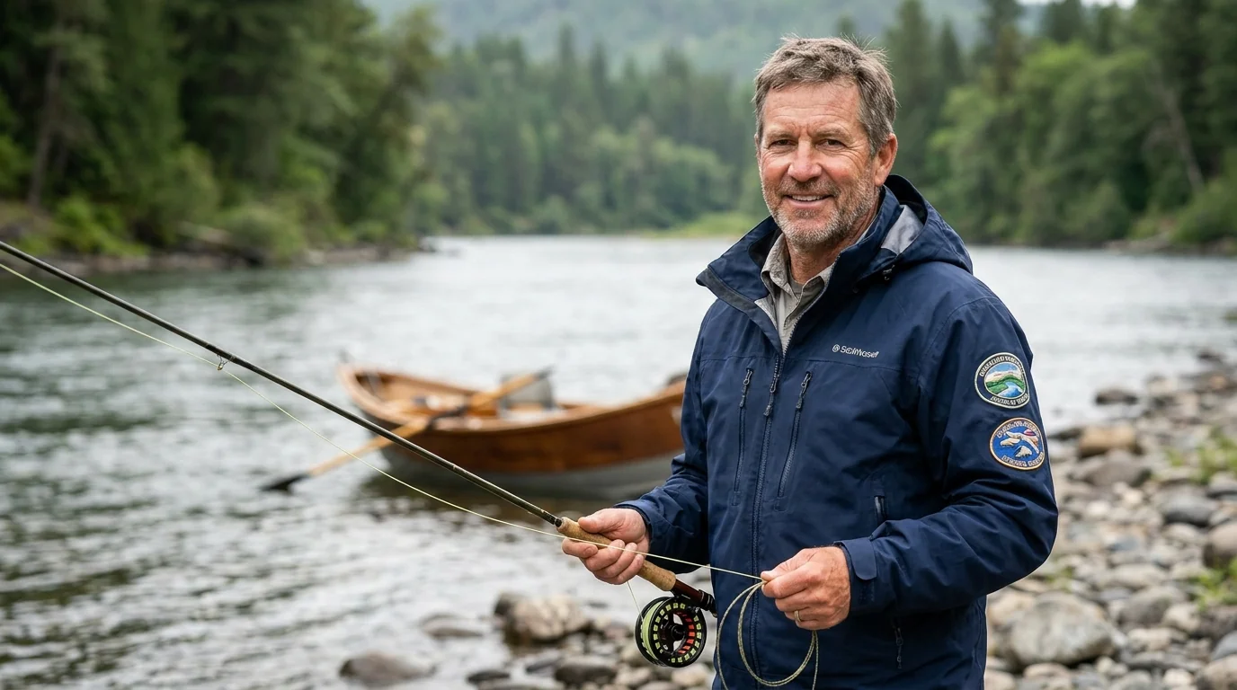 Fly fisher wading in a forest stream
