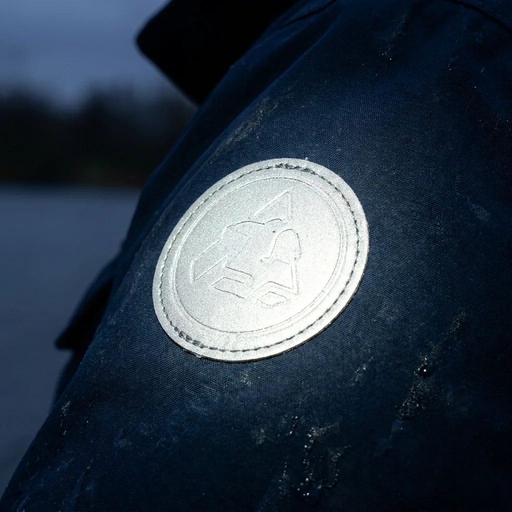 Reflective branded logo on a fishing jacket lit at low light