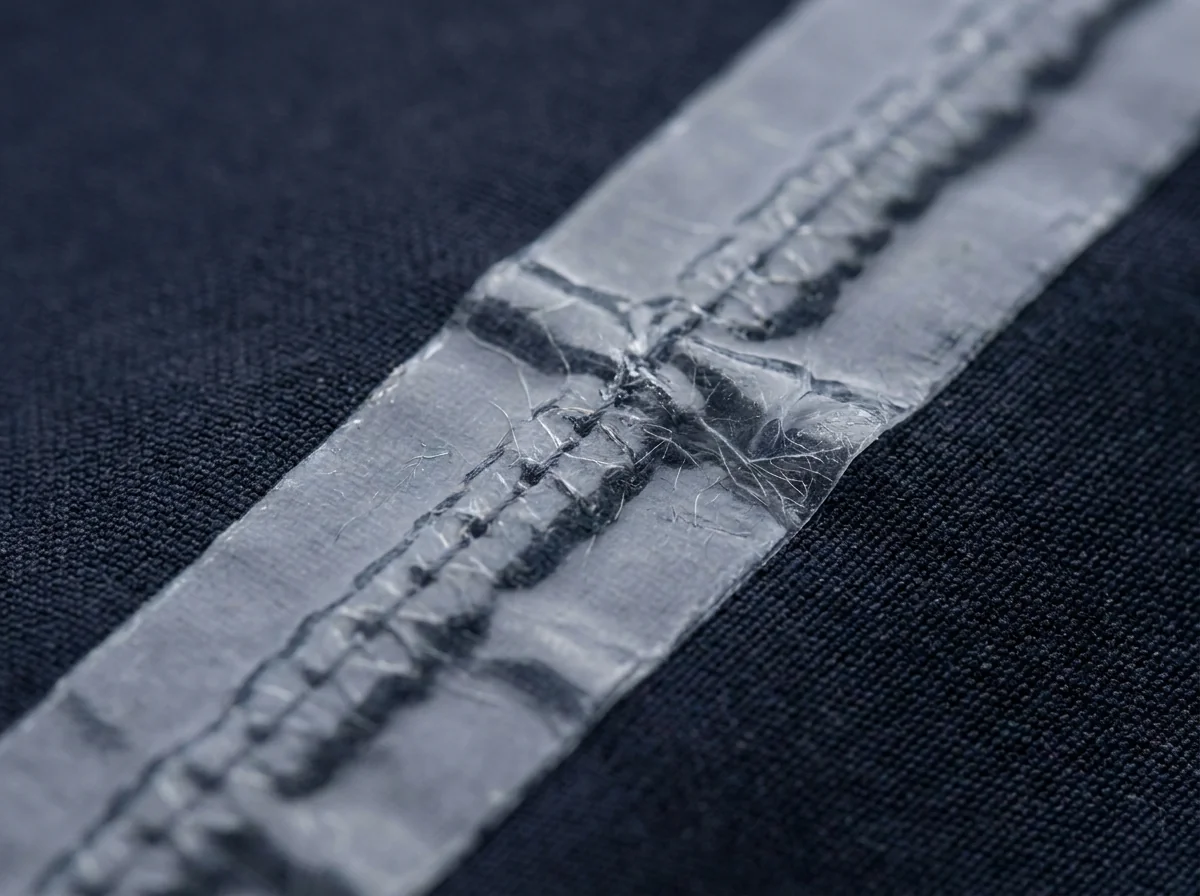 Macro close-up of taped seam sealing on the interior of a waterproof fishing jacket