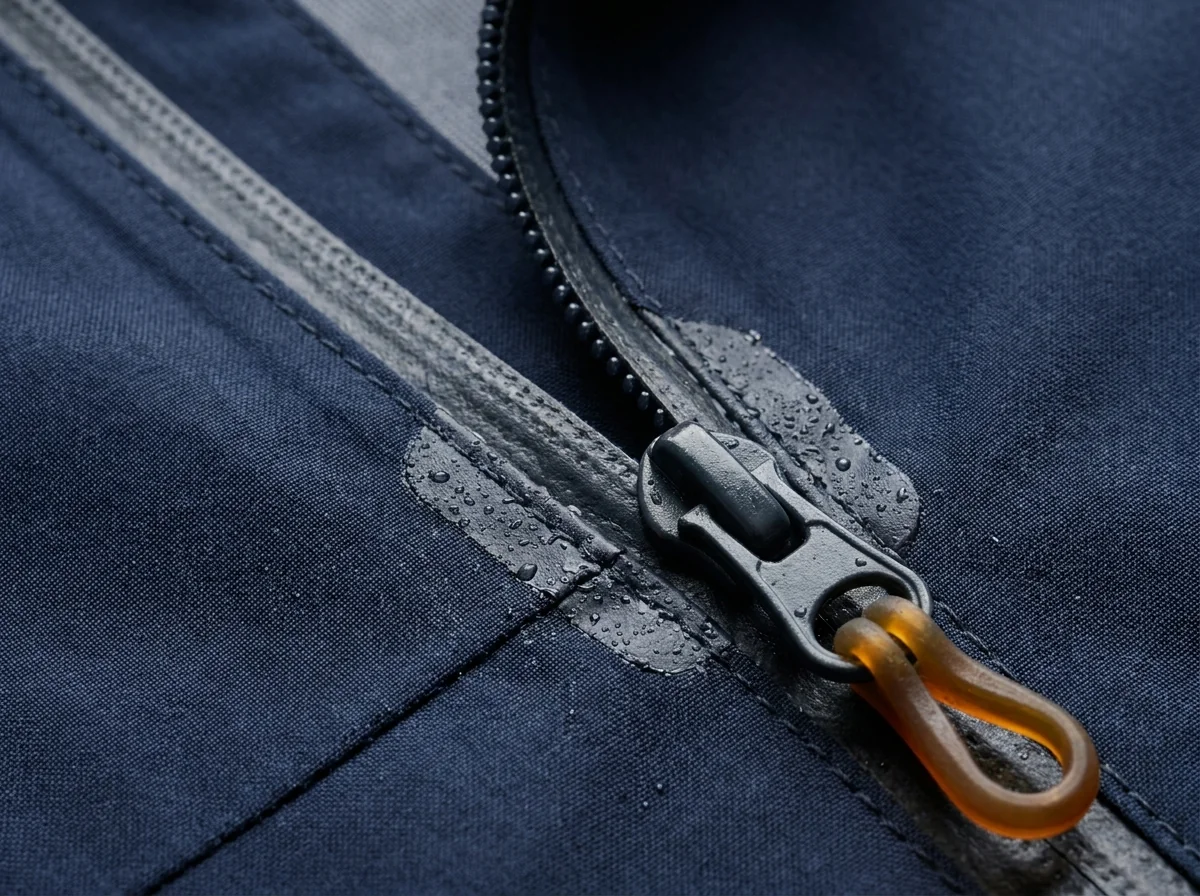 Close-up of a waterproof YKK Aquaguard zipper paired with a storm flap on a fishing jacket