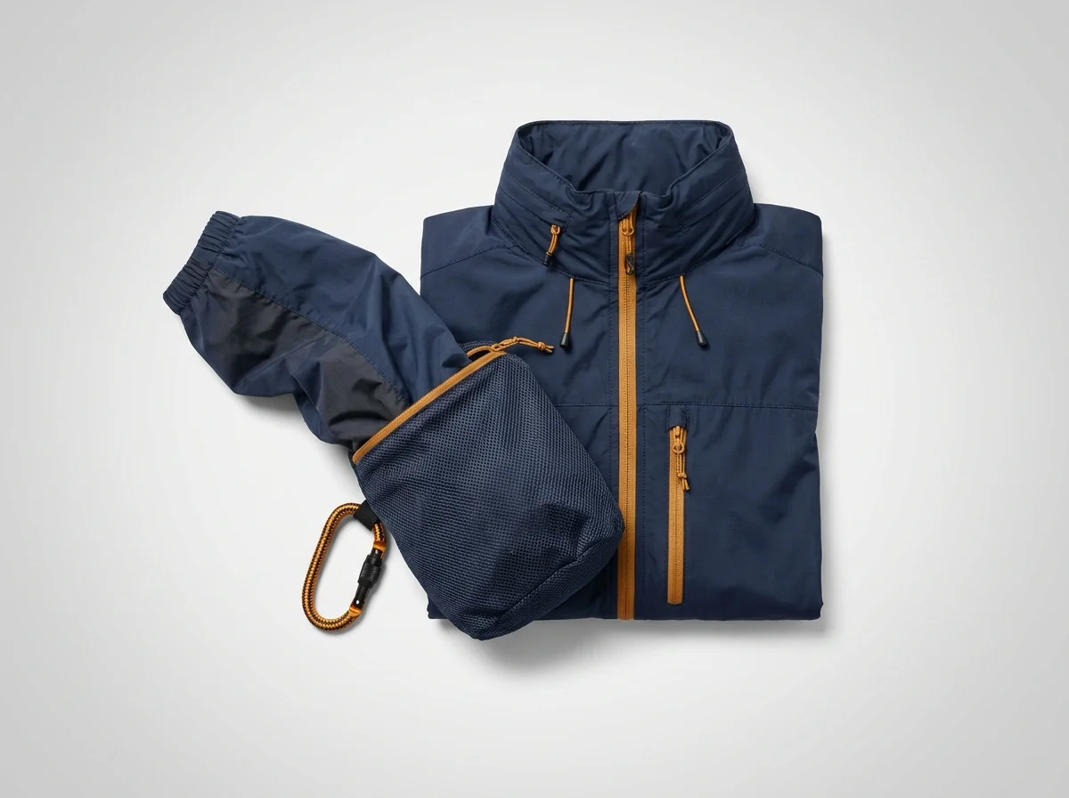 Packable compact fishing jacket that stuffs into its own pocket