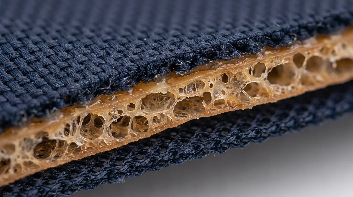 Cross-section of a breathable MVTR-rated waterproof membrane fabric