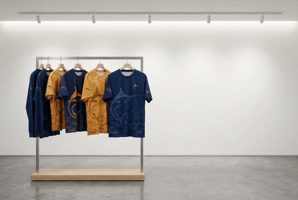 Private label fishing jersey collection in brand showroom