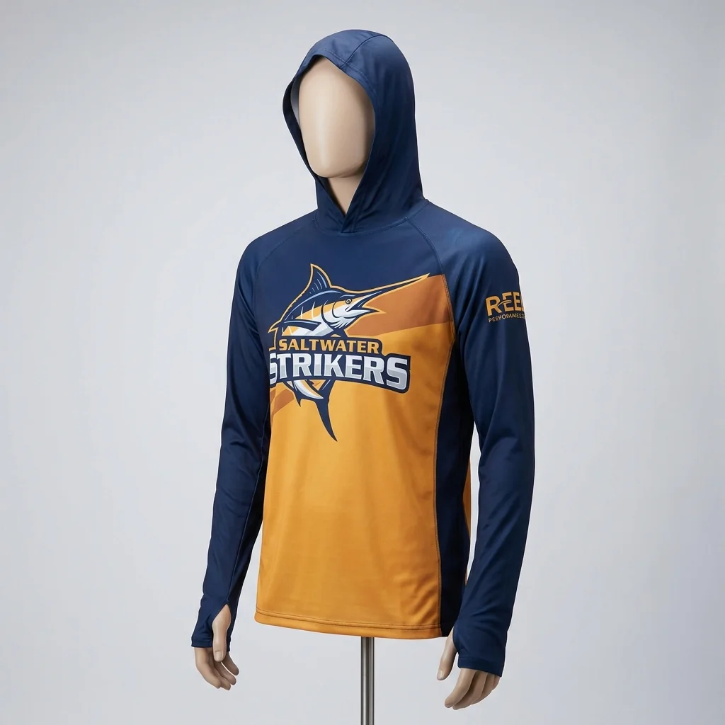 Hooded fishing jersey with built-in sun protection and team branding